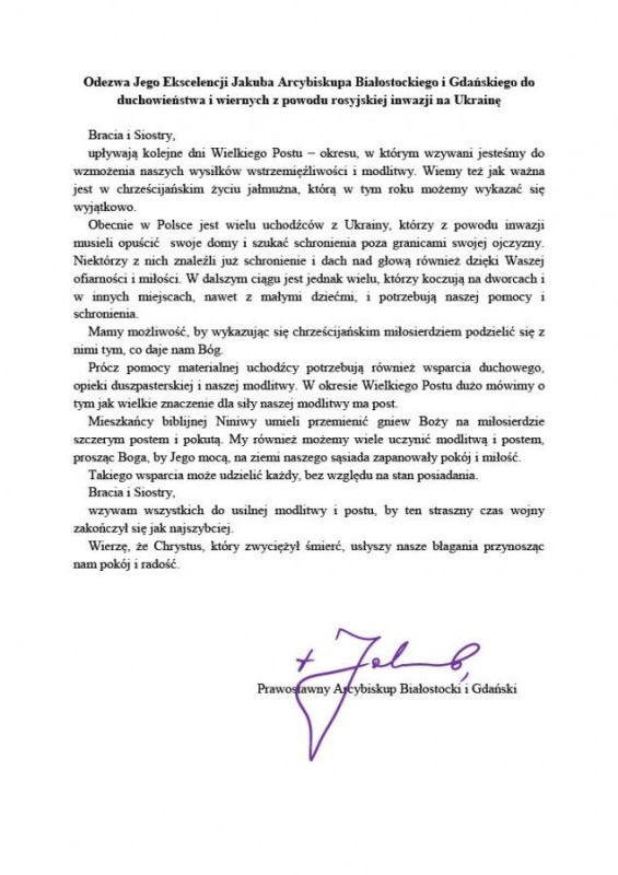 Odezwa Arcybiskupa Jakuba z powodu rosyjskiej inwazji na Ukrainę